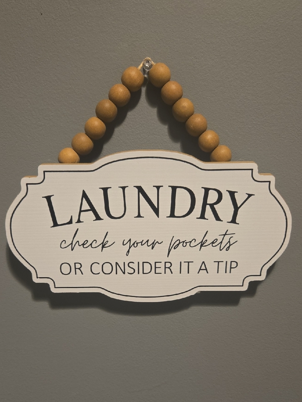 Laundry Wall Sign - White with Black Lettering and Tan Beaded Hanger